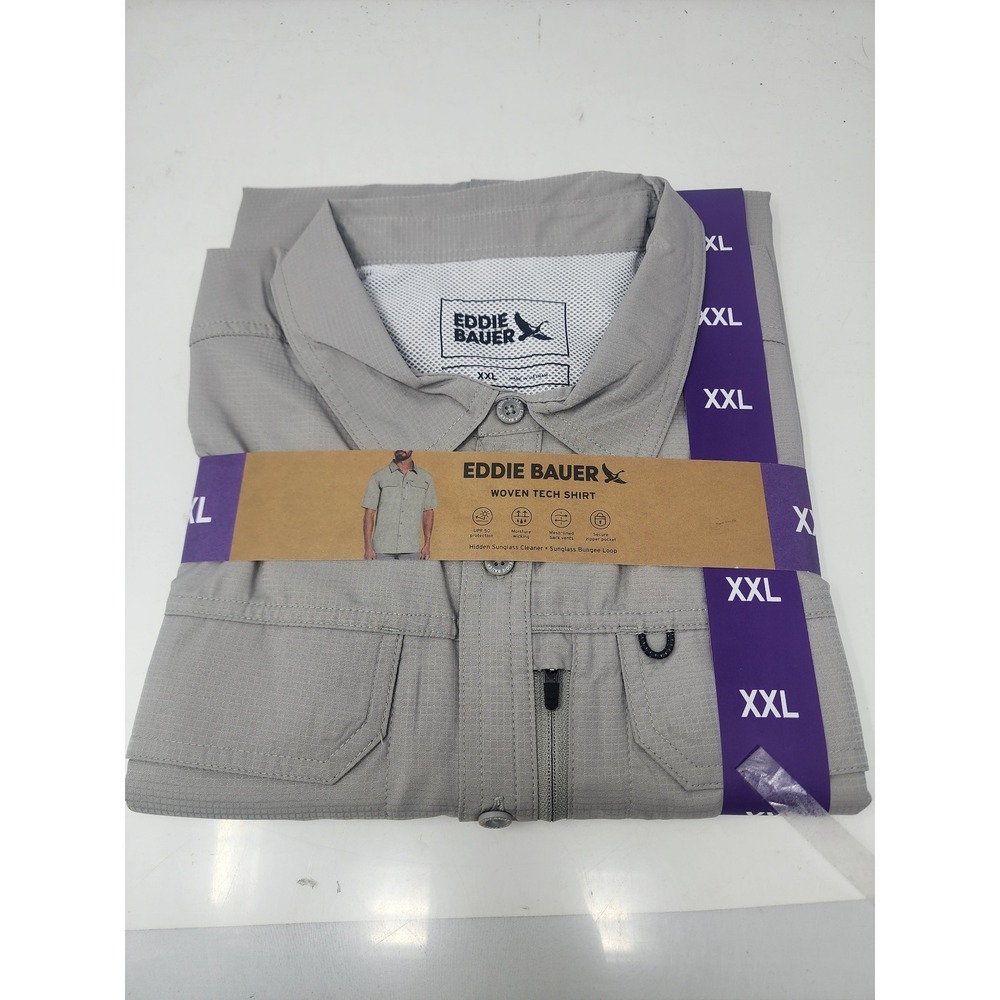 Eddie Bauer Mens Short Sleeve Woven Tech Button Down Grey Polyester Size XXL